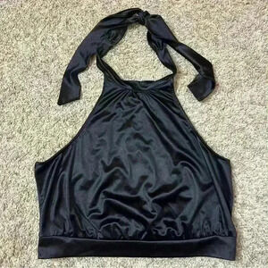 AVLN Studio Blouse Womens XL Black‎ Halter Top Shirt Cropped NWOT